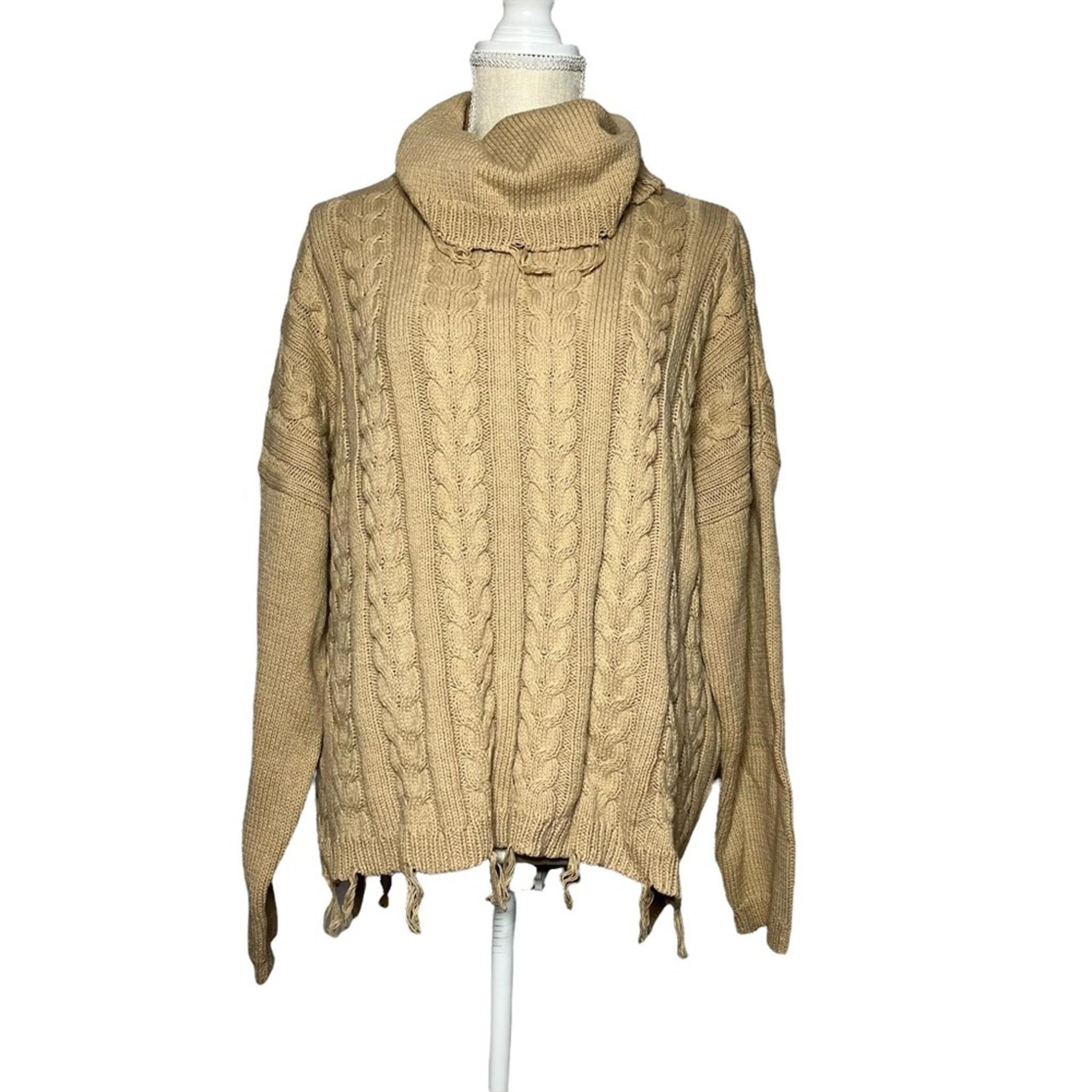 Umgee Cable Knit Tan Cowl Neck Lightly Fringed Pullover Sweater Size Medium
