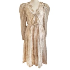 Vintage 70s-80s Cachet by Bari Protas Champagne Gold Lacey Cocktail Dress Sz 7/8