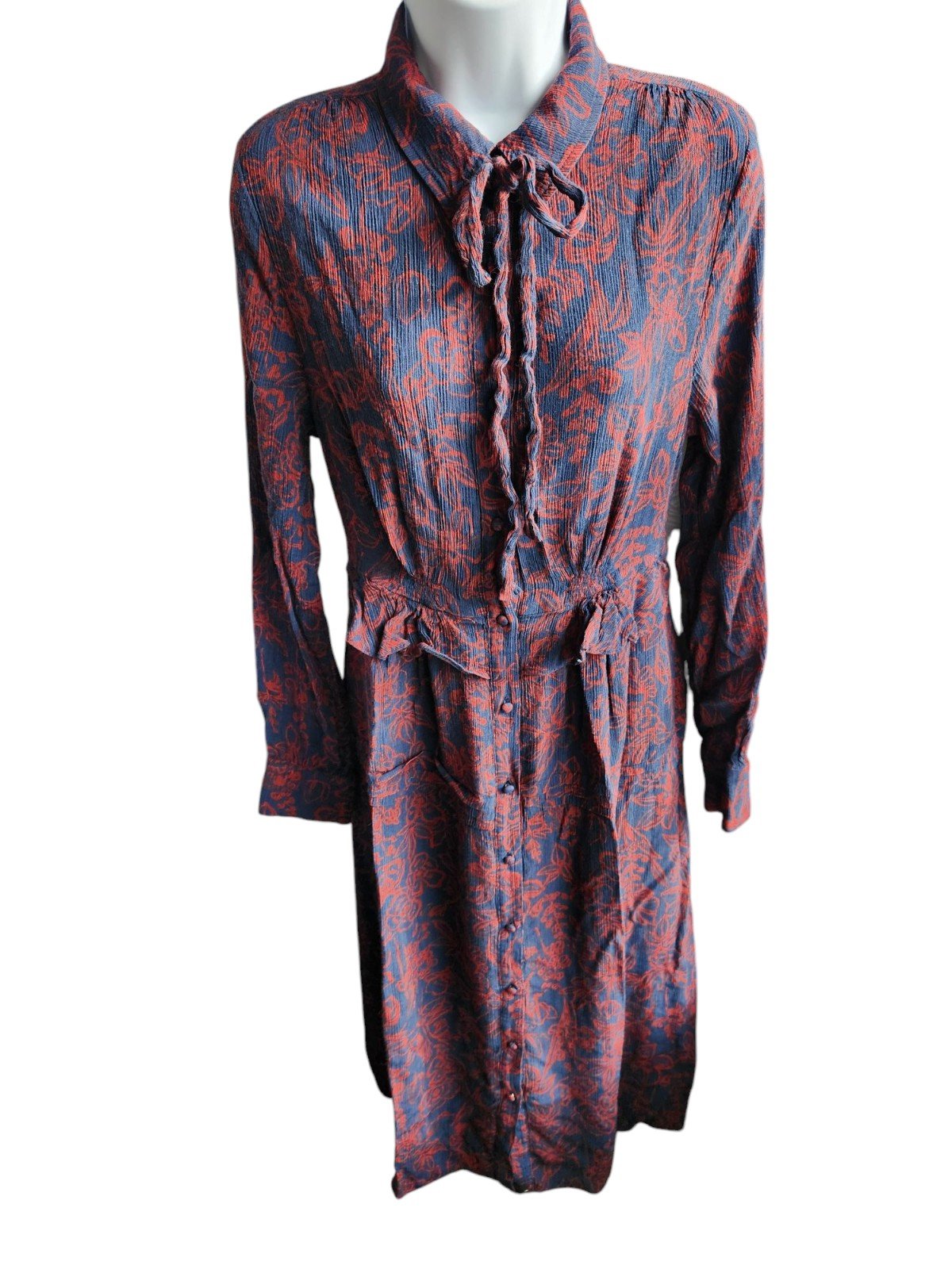Jason Wu Navy Red Floral Print Tie Neck Long Sleeve Midi Shirt Dress Size 10