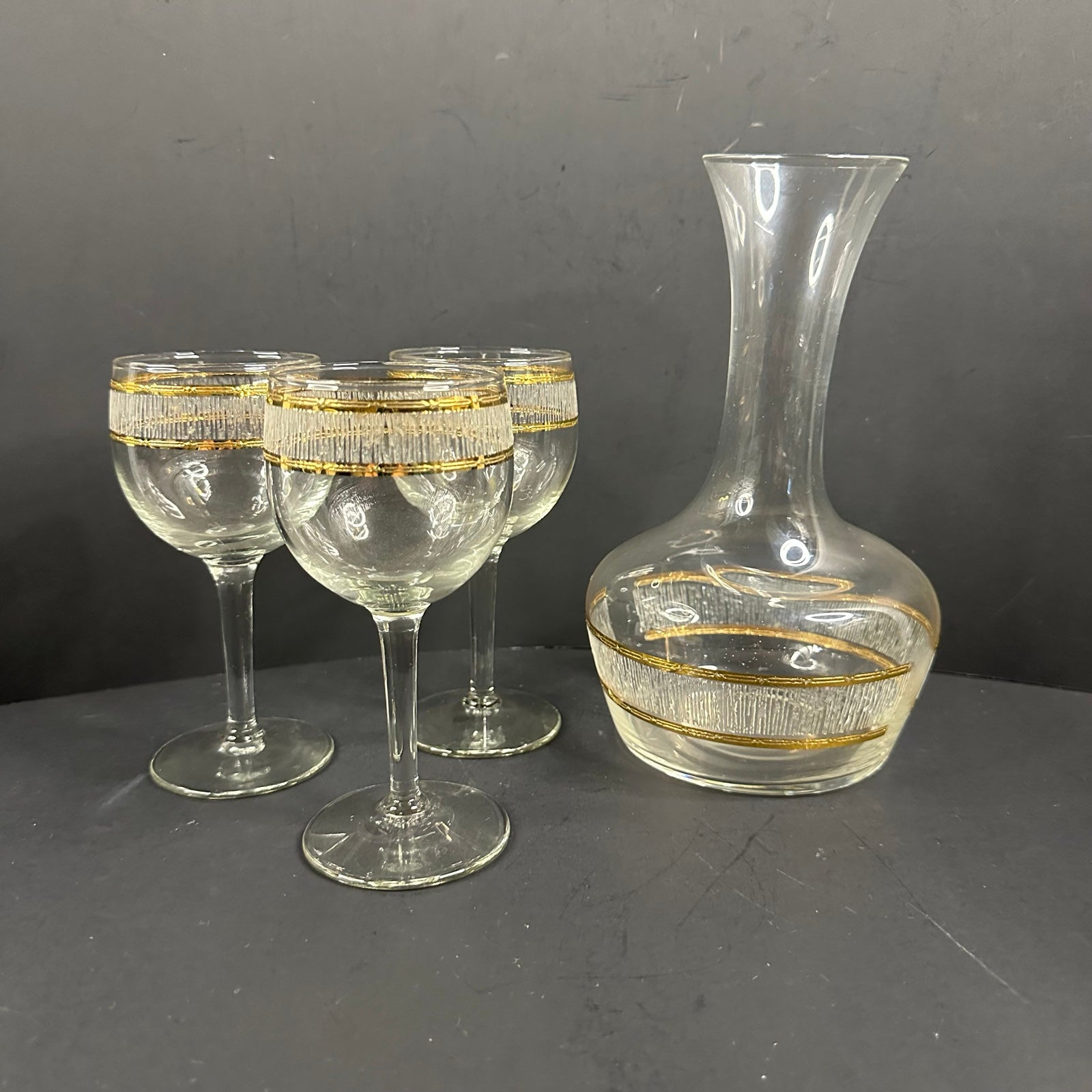 Vintage Culver Icicle Carafe Decanter with 3 Wine Glasses MCM Barware