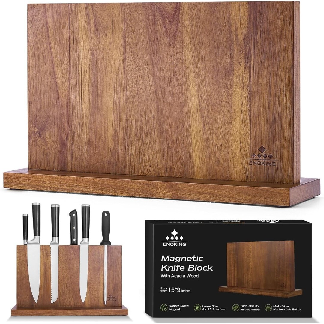 ENOKING Extra Large Magnetic Kitchen Knife Block 15.2-In Acacia Wood Holder