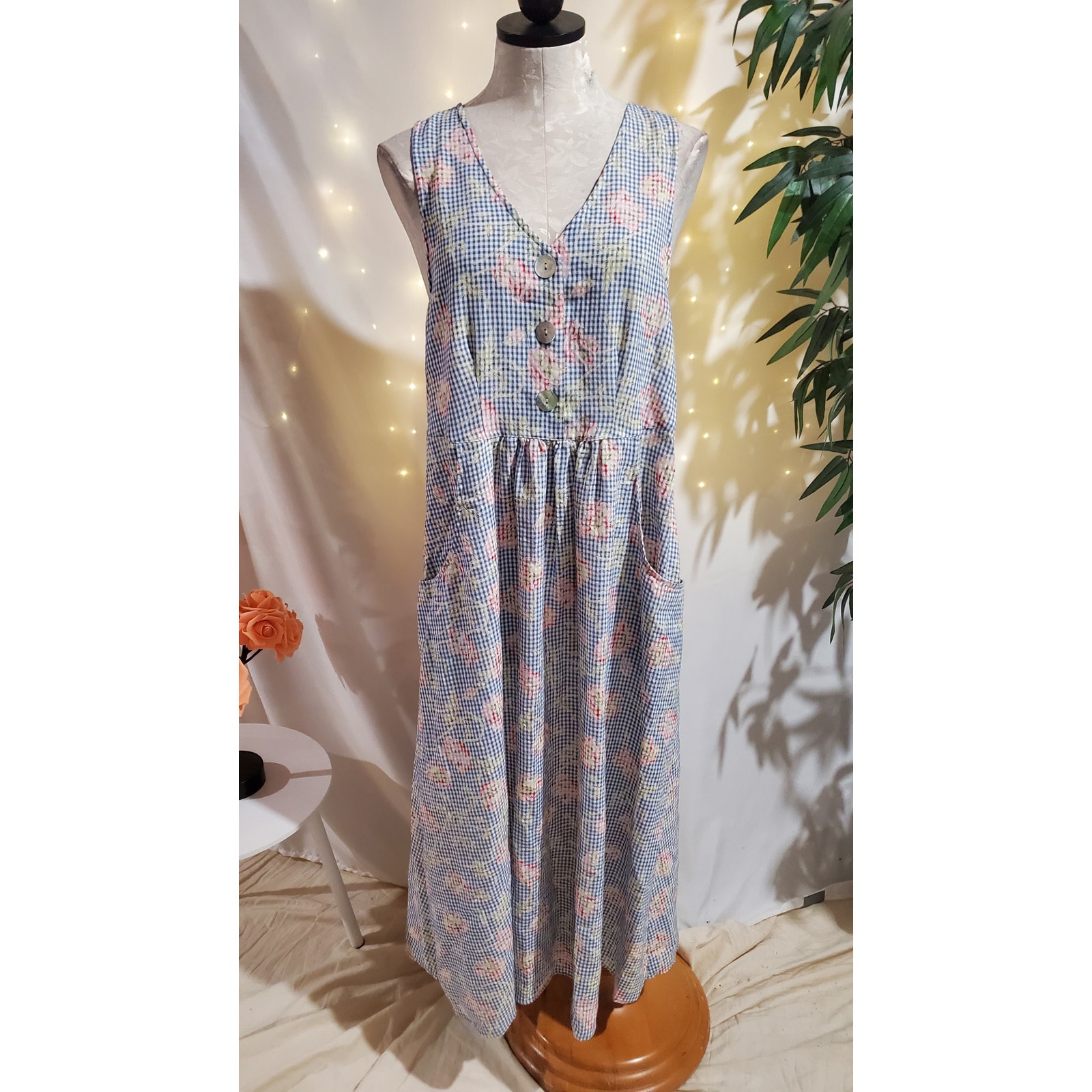 Vtg Compaigne Internationale Express Floral Gingham Check Maxi Dress M Cottage