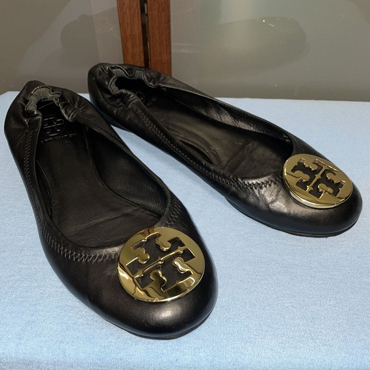Tory Burch Classic Reva Black Leather Gold Accented Ballet Flats Shoes Size 7.5