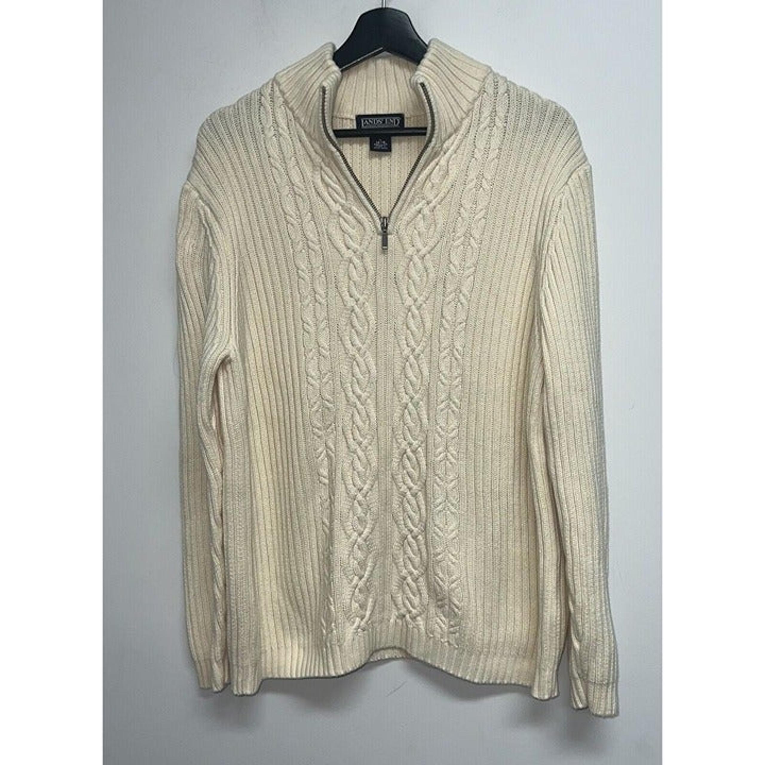 Lands End Women Cable Knit Sweater Size L Cream Ivory 1/4 Zip Pullover Mock Neck