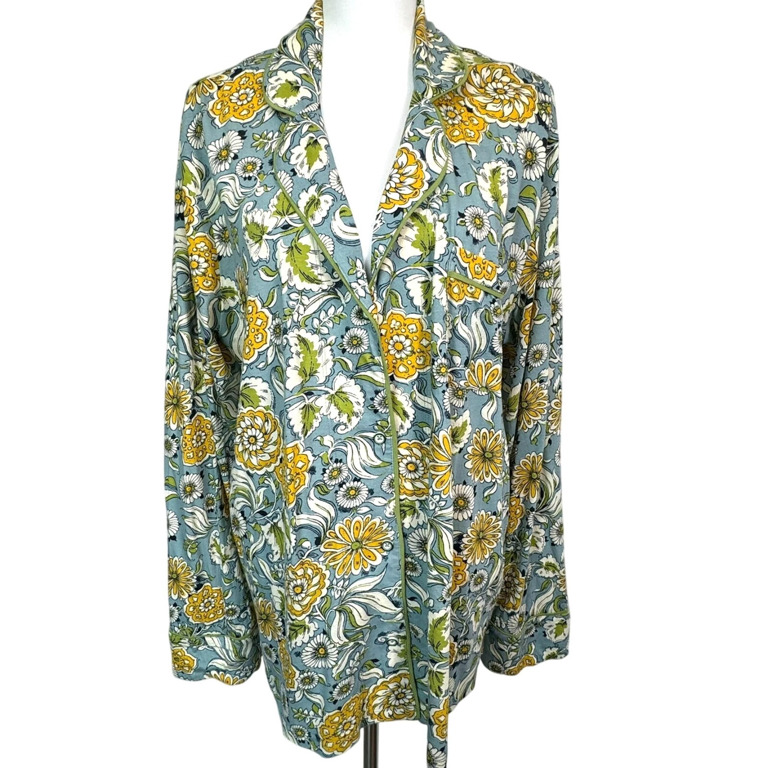 BY ANTHROPOLOGIE Women's XL Blue Yellow Floral Flannel Button Up Pajama Top Boho