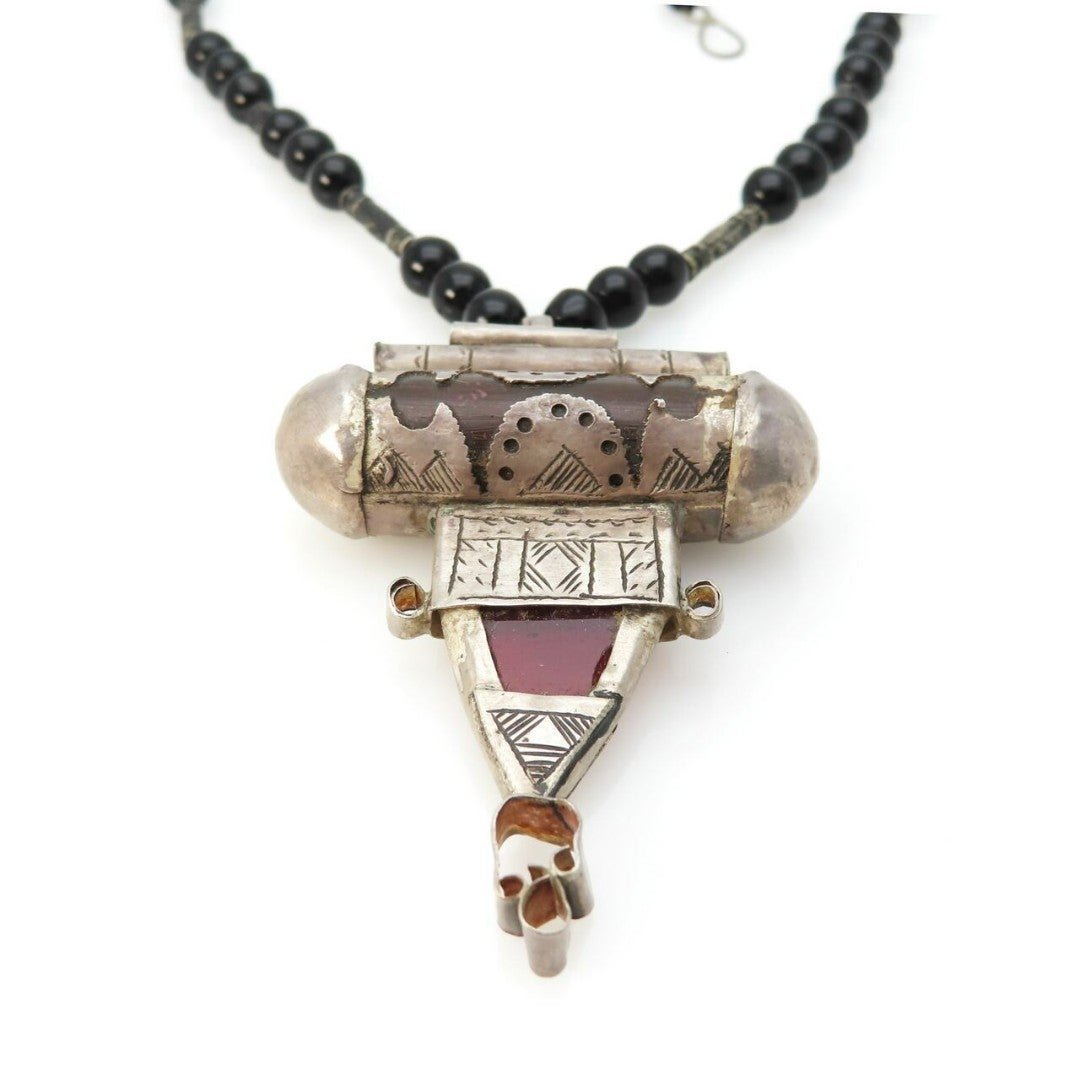 Vintage Bedouin Pendant Necklace with Faturan and Glass Accents