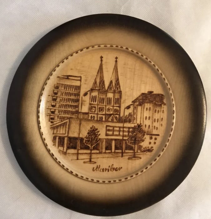 Rare Maribor Slovenia Souvenir Hand Made Pyrography Wood Wall Hanging Plate