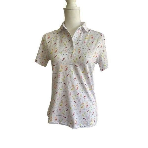 On The Rocks Women’s White Premium Cocktails Print Polo Shirt Size Small