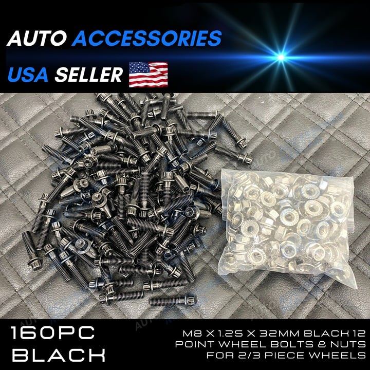 160pcs M8 x 1.25 x 32mm BLACK 12 Point Wheel Bolts & Nuts for 2/3 piece wheels