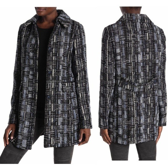 Elie Tahari Women’s Black/Blue/White Checker Rakel Tweeted Coat Size XS NWT .