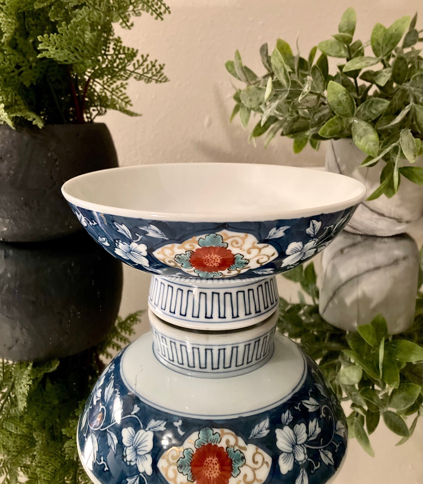 ~Vintage 6” Chinese Pedestal Blue & White Porcelain Bowl With Red Flowers~