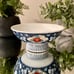 ~Vintage 6” Chinese Pedestal Blue & White Porcelain Bowl With Red Flowers~