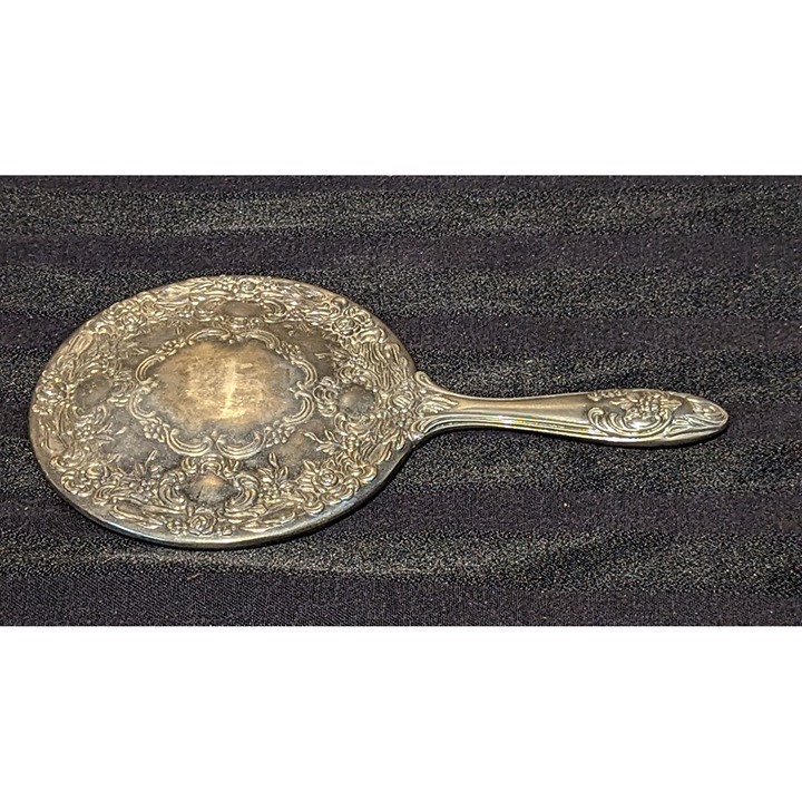 Vintage Silver Plated Hand Held Dresser Vanity Mirror Floral Flowers