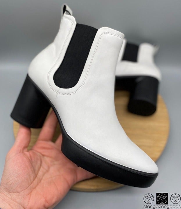 Ecco Boots Womens 42 White Shape Sculpted Motion Chelsea Booties Leather Heels