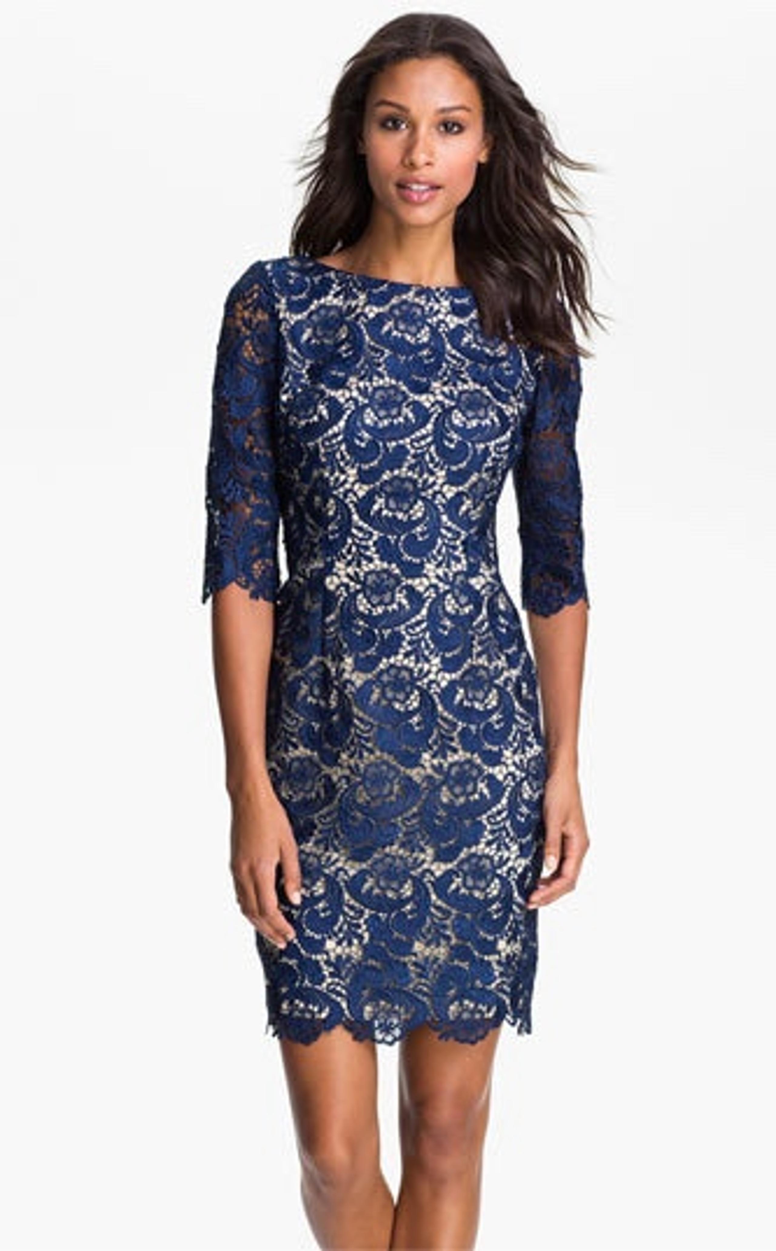 Eliza J Royal Collection Cocktail Sheath Dress Lace Overlay 3/4 Sleeve Blue 10