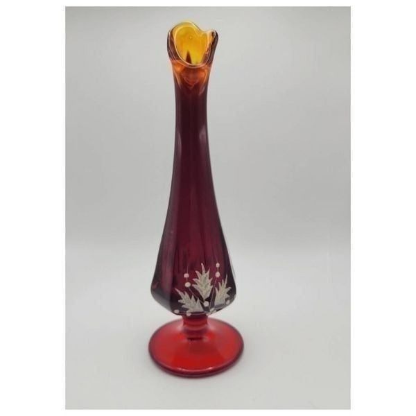 Vintage Signed Fenton Red Orange Holly Handpainted Swung Vase