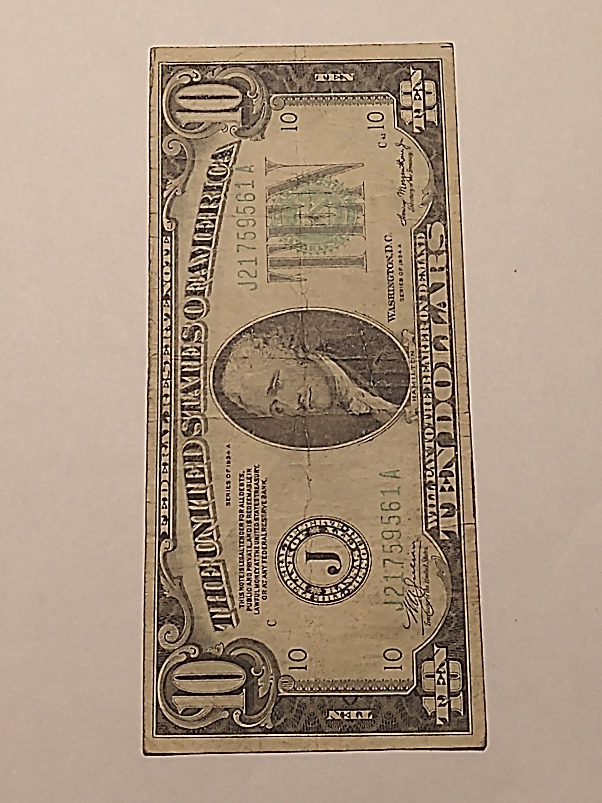 1934 Ten dollar Note Olive Green Seal USA Genuine 90 years ago