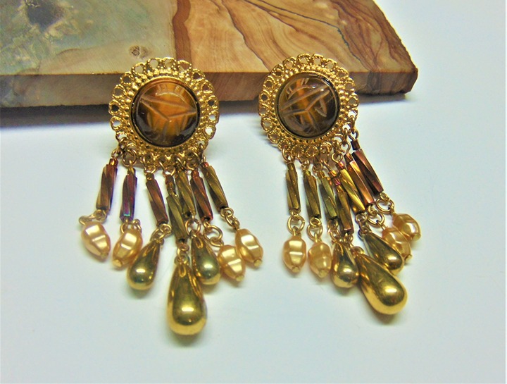 Scarab Earrings Chandelier Egyptian Revival Tiger Eye BeadRage