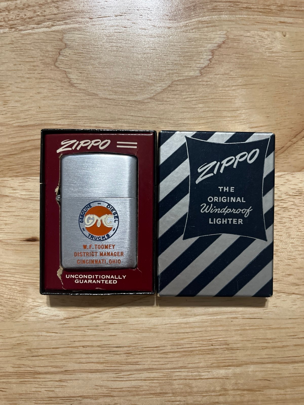 1937 - 1950 VINTAGE ZIPPO LIGHTER “GMC TRUCKS” (orange and blue)