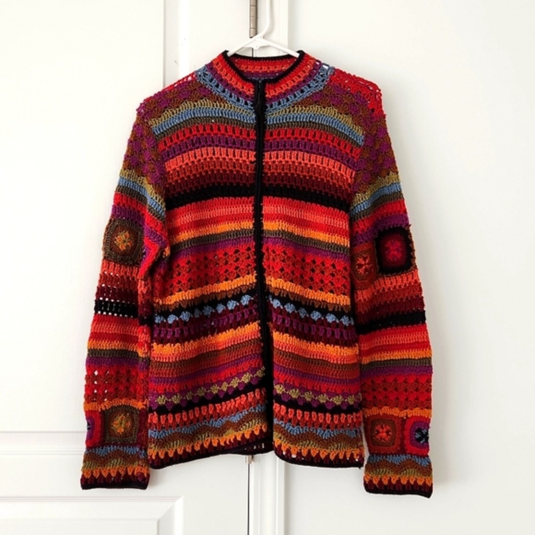 Coldwater Creek Multicolor Crochet Full Zip Sweater, Size M