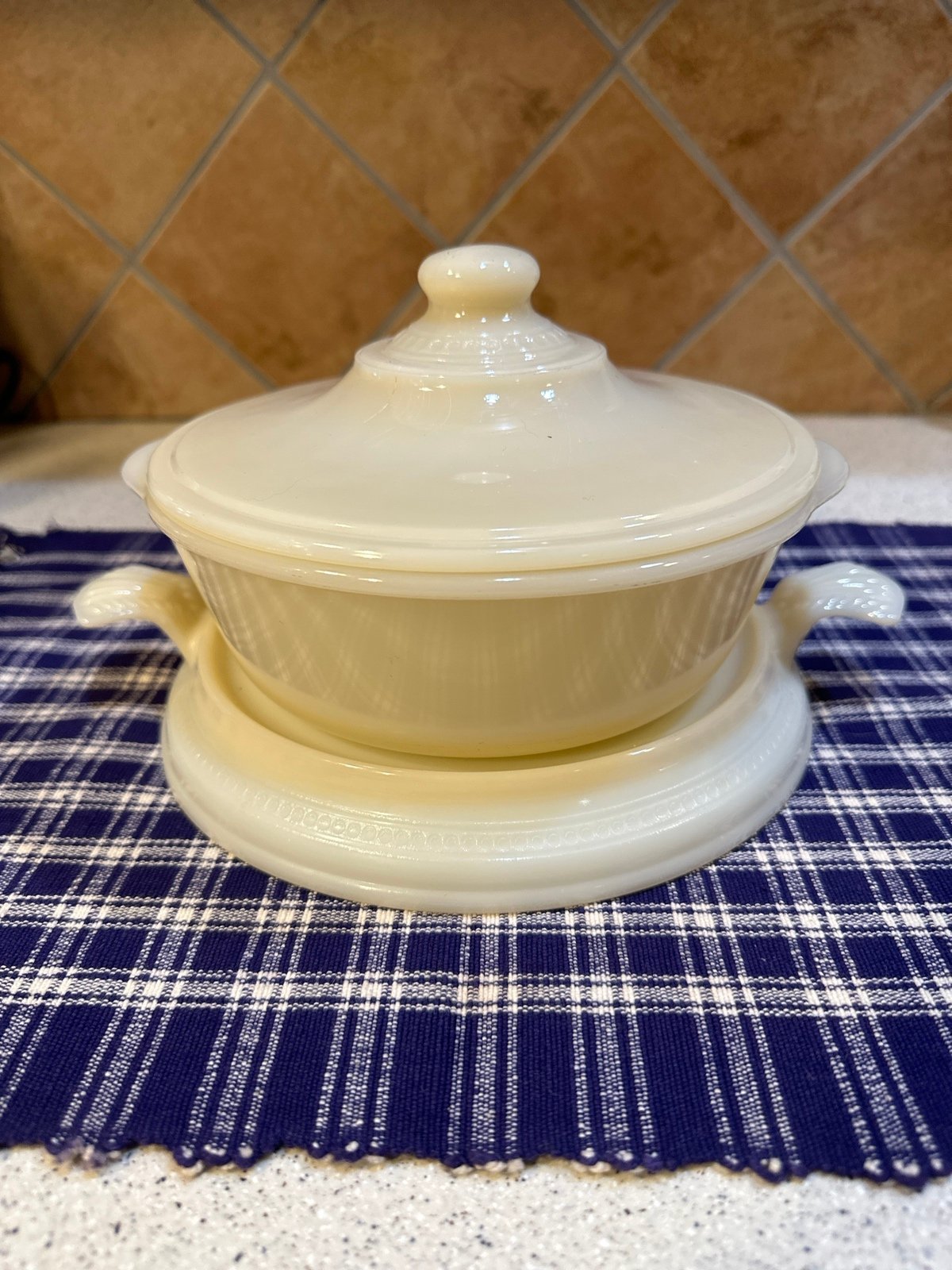 Vintage Fire-King Covered Casserole & Matching Underplate Art Deco Handles