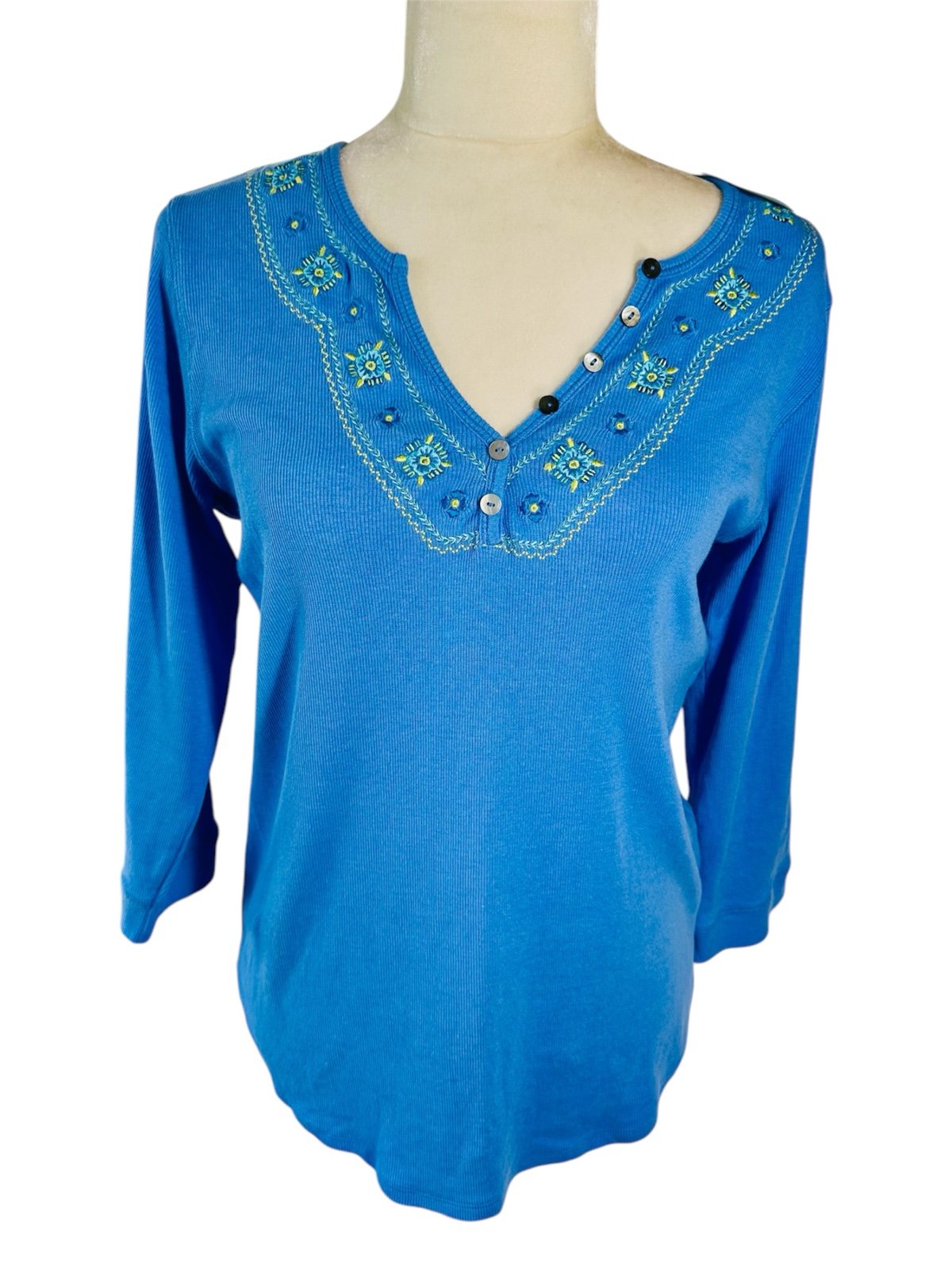 Alp N Rock Embroidered Henley Soft Top Sz XL Blue3/4 Sleeve Floral Spring Cotton