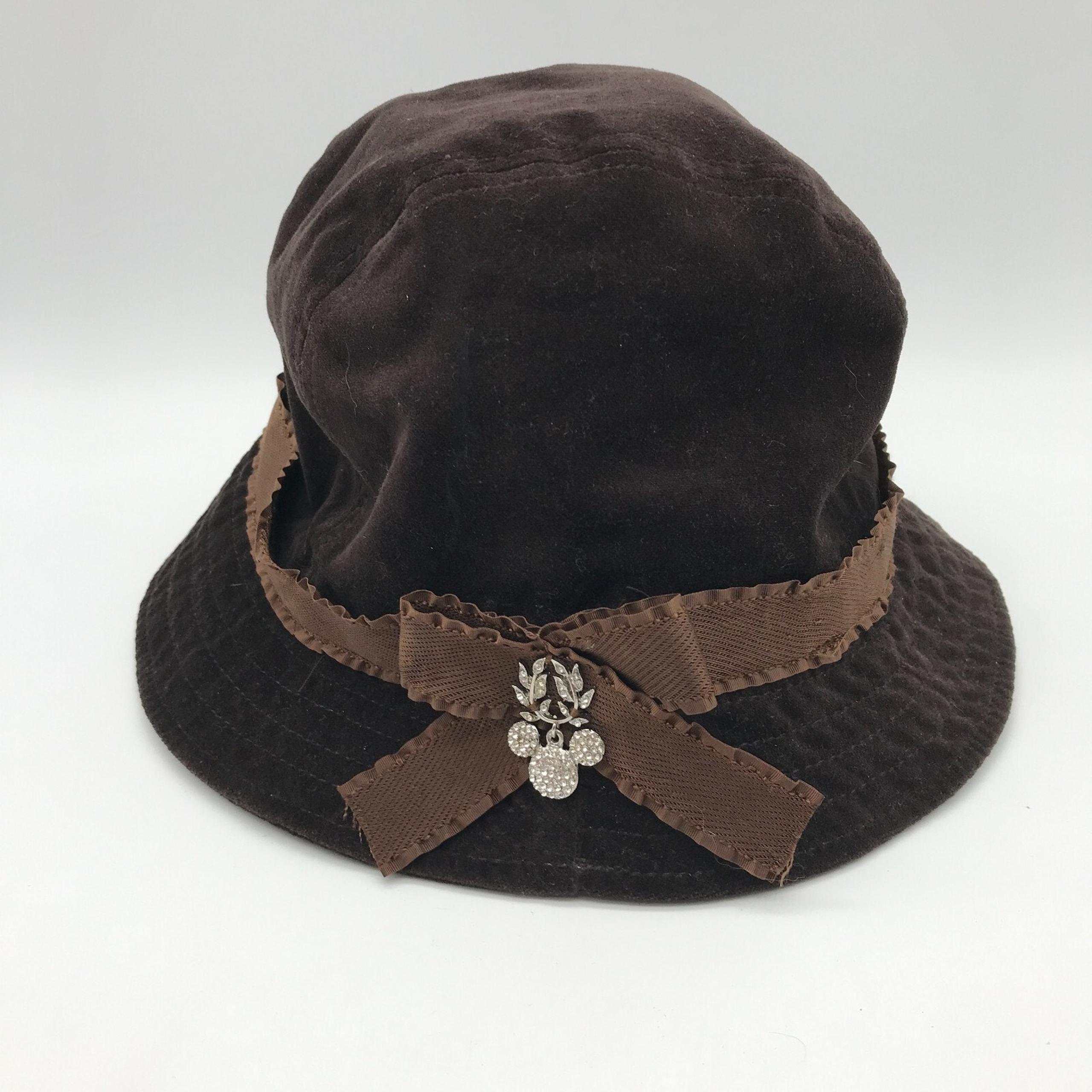 Disneyland Ladies Bucket Hat Brown Velvet with Mickey Charm