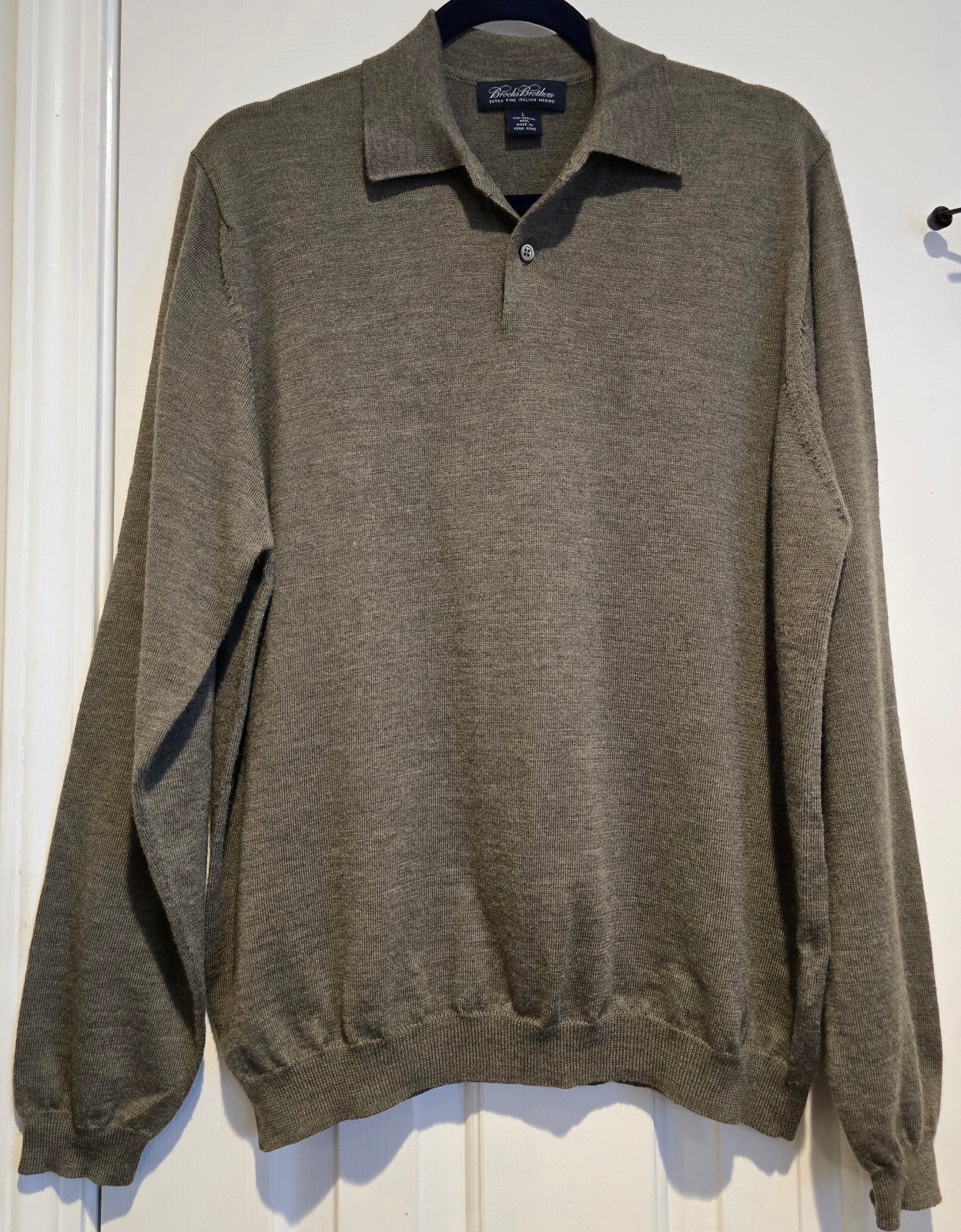 Brooks Brothers Xtra Fine Ital 100% Merino Wool Lng Slve Polo Sweater Sz L Green