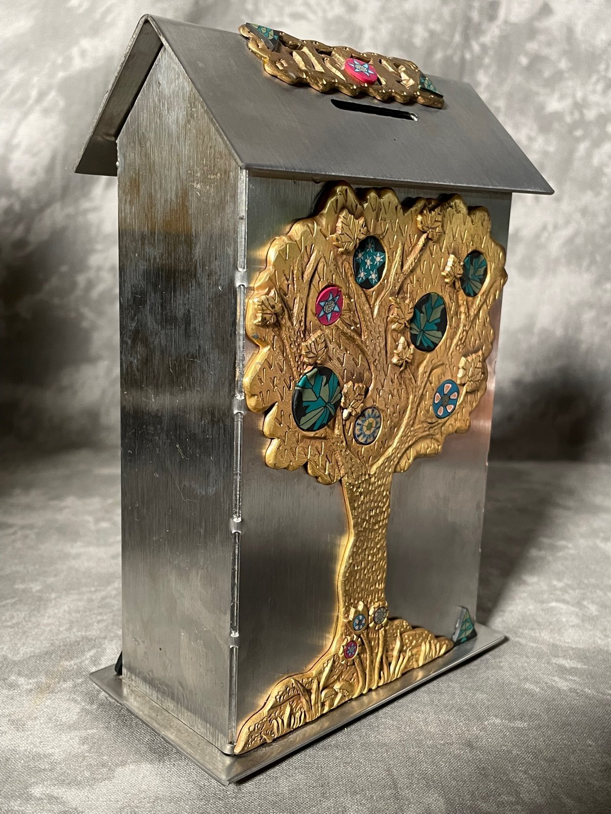 Judaica Robin Kimball Metal Piggy Bank Savings Bank Gold Tree