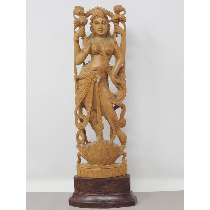 Vintage Carved Box Wood Hindu Goddess Lakshmi Statue Sculpture Wealth Fortune