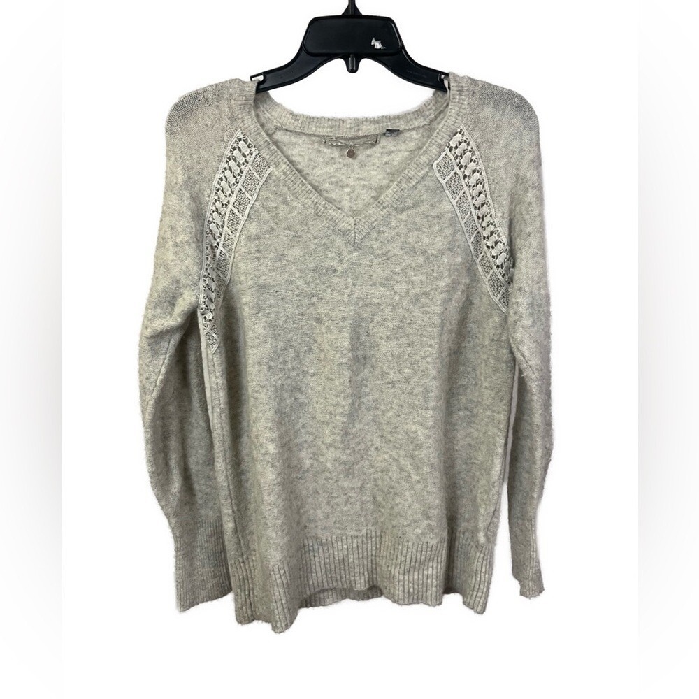 Anthropologie Knitted & Knotted Wool Blend Lace Detail V-Neck Sweater- Small