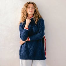 Mersea Sailor Sweater OSFM Mock Neck Lattice Knit Pattern Blue Red White preppy