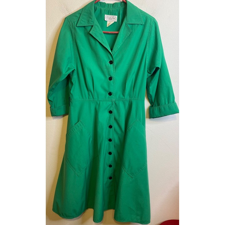 Vintage 70's Leslie Fay Petites Green Collar Shirt Button Dress Green USA