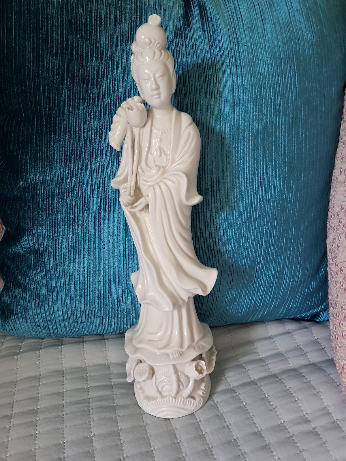 Vintage Chinese Guanyin Blanc de Chine Porcelain Right Leaning Statue on Lily