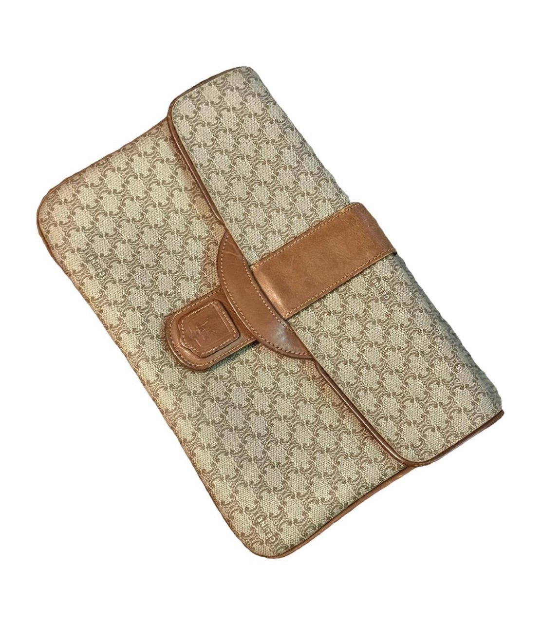 100% AUTHENTIC Celine Vintage 2-Way Tan Coated Triomphe Macadam Logo Clutch Bag