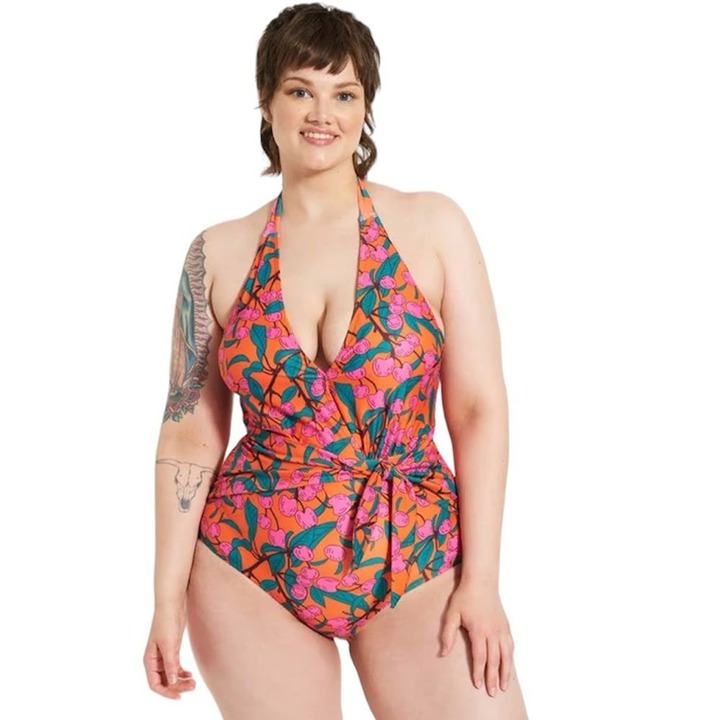 Super cute for this summer orange, pink and green cherry one-piece swimsuit!