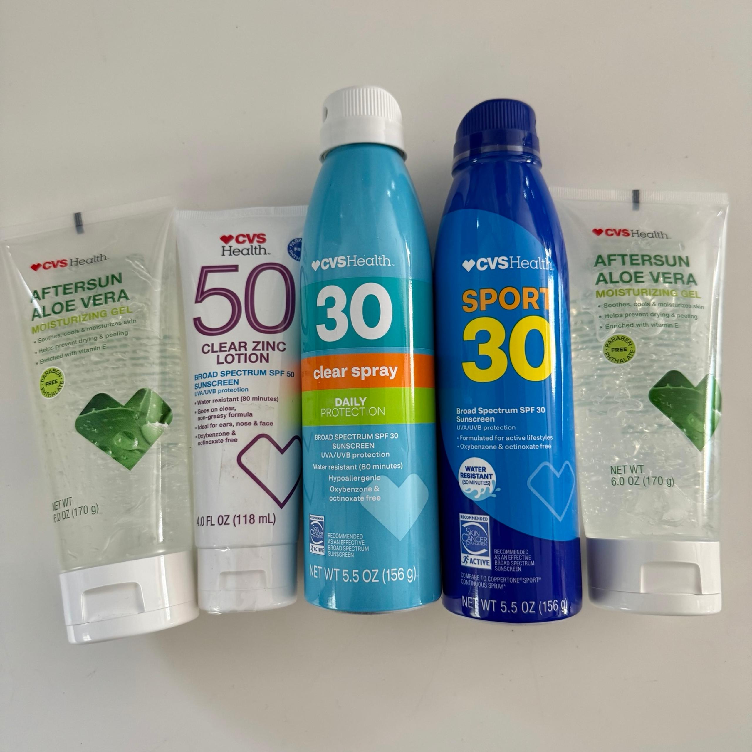 CVS Sunscreen Spray SPF 30, Zinc Face Sunscreen SPF 50, Aloe Vera Gel