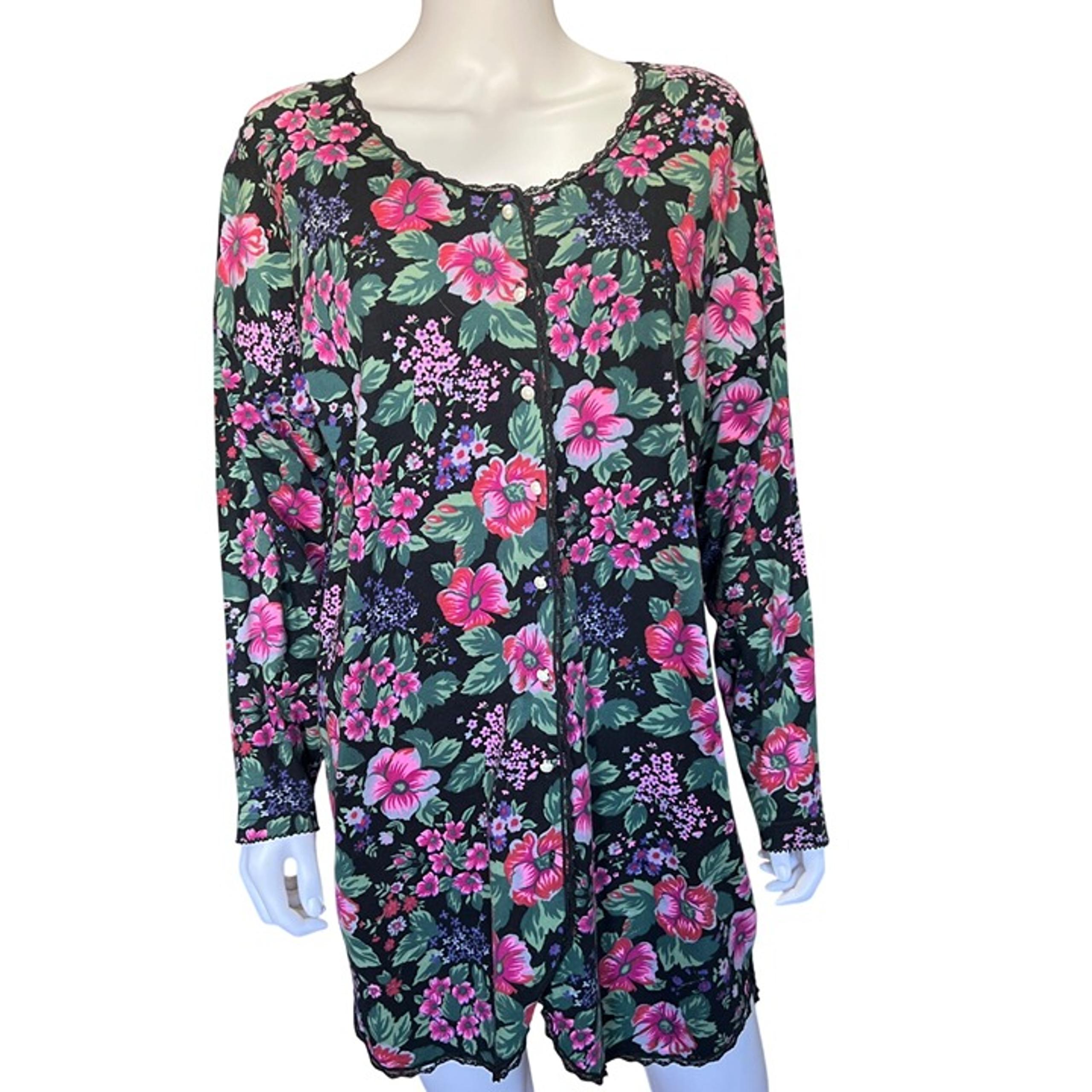 Victorias Secret Vintage 80s/90s Floral Button-Front Sleep Shirt Black/Pink M/L