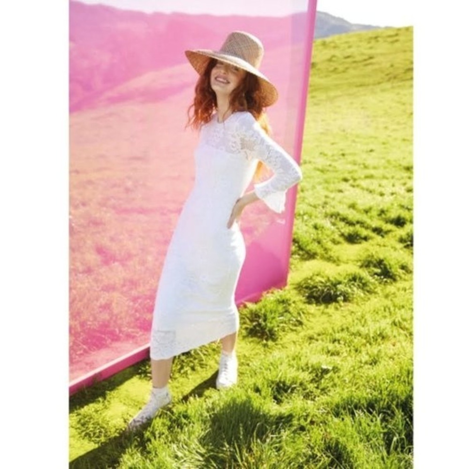Amour Vert Fabienne White Upcycled Crochet Lace 3/4 Sleeve Fitted Midi Dress