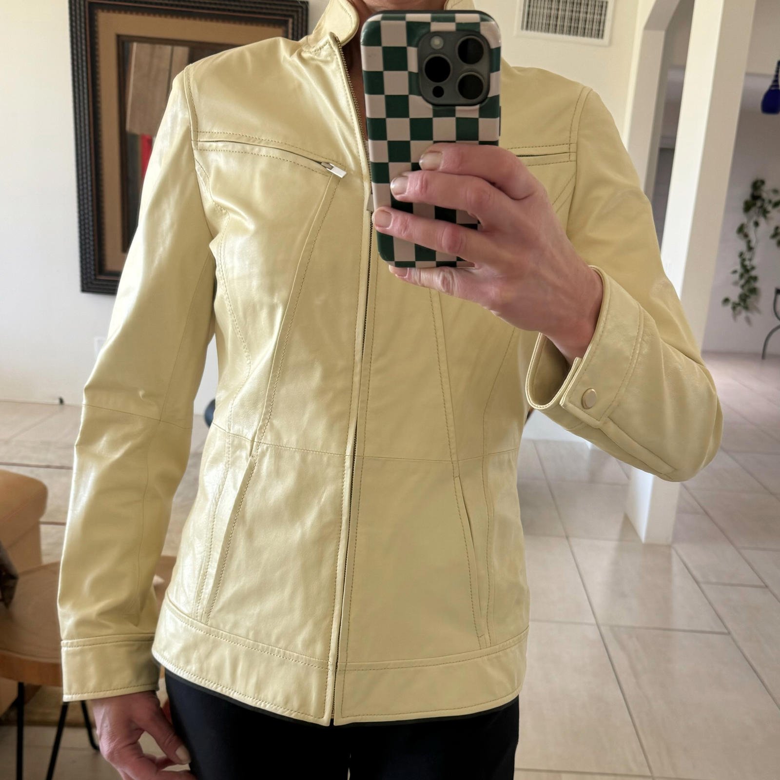 St. John Women's Leather Jacket - Elegant Cream Color Size 4