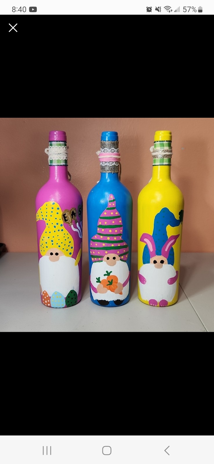 Handmade Upcycled Easter Gnomes Glass Bottle Set of 3