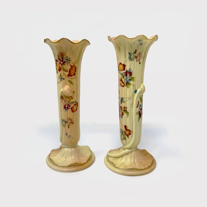Pair Antique Royal Worcester Blush Ivory Floral Vases - Leaf Base