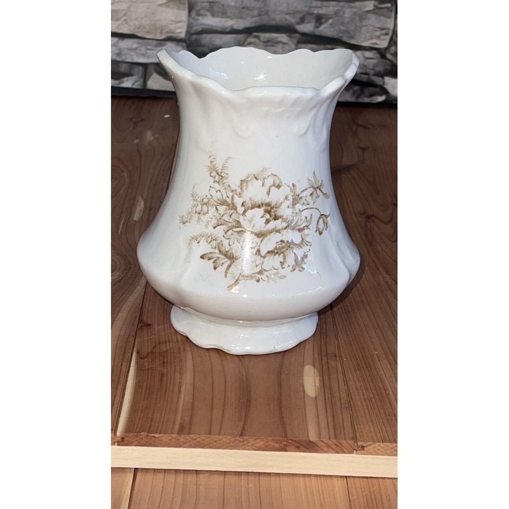 RARE Antique Sterling Porcelain Small Vase Brush Jar White & Floral,