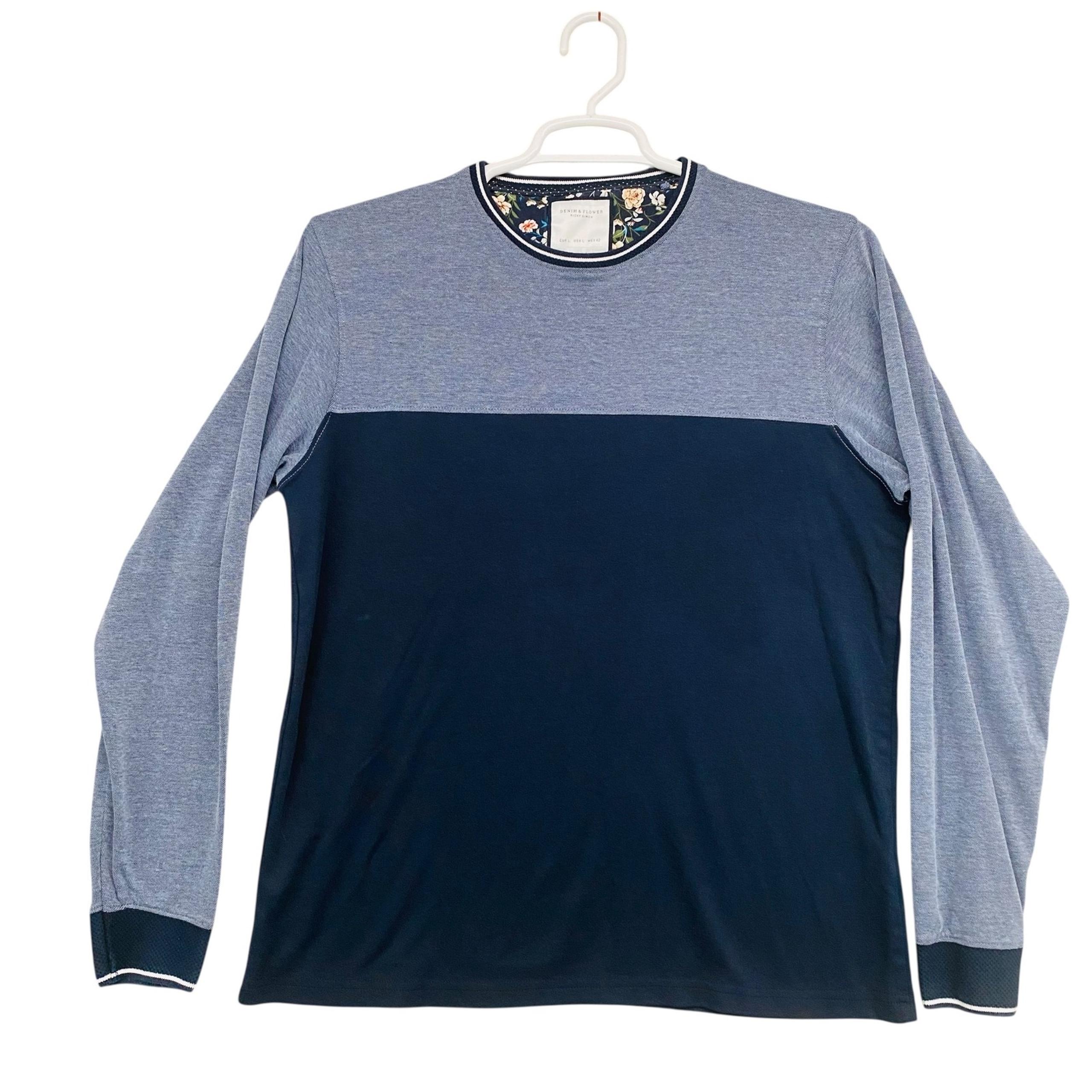 Denim & Flower Color Block Long Sleeve Crew Neck Casual Top Size L