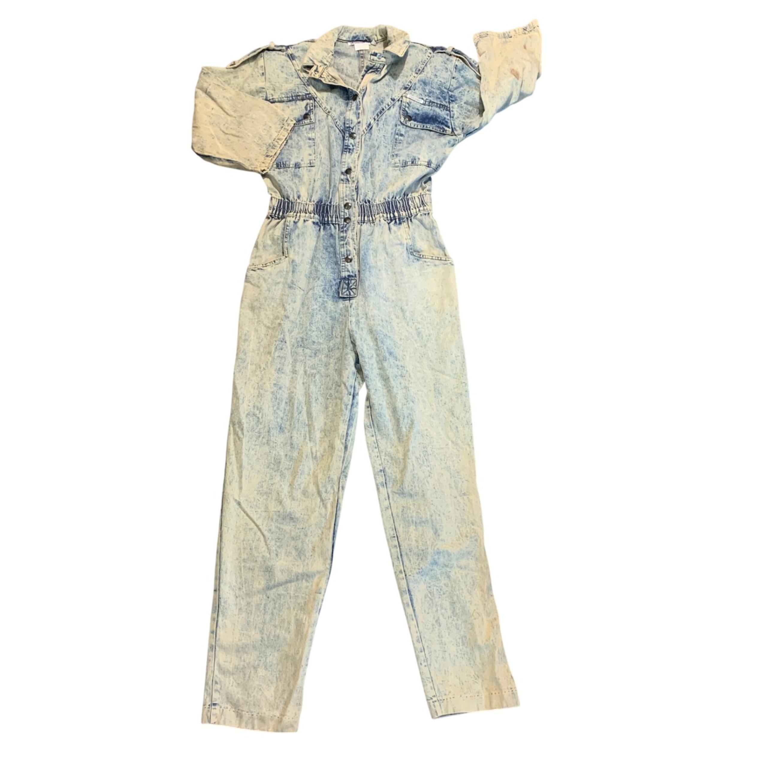 Dreams Acid Wash Denim Jumpsuit Short Sleeve 80s Vintage Romper Boiler Suit Med
