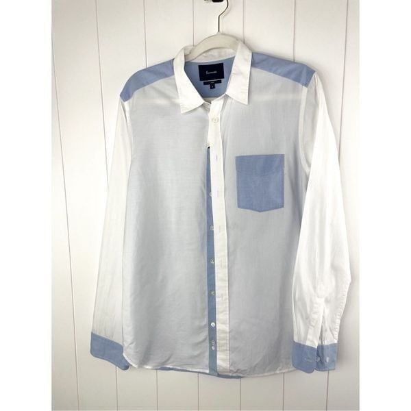 Faconnable Men’s M Slim Cotton French Contrast Colorblock Button Down White & Bl