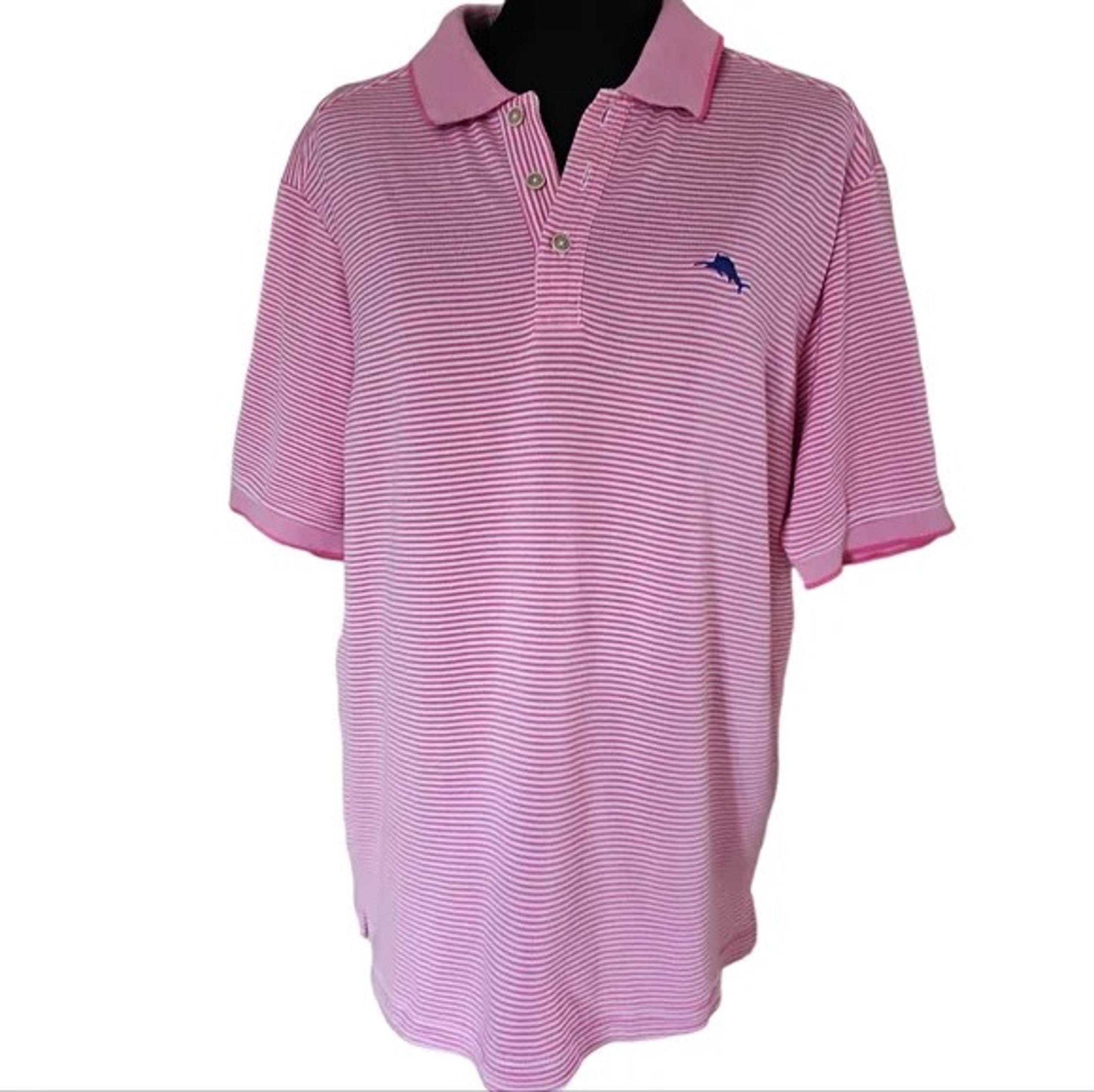 Tommy Bahama Pink & White Stripe Short Sleeve Golf Polo Shirt Womens Size Medium