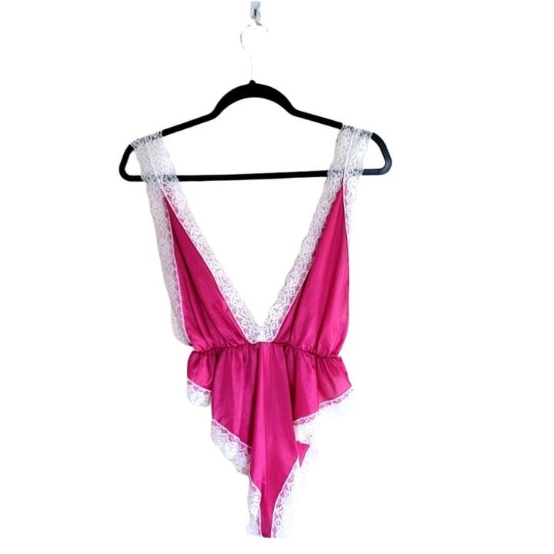 Womens Lingerie Pink M Sexy Lace Trimmed Lingerie Romper Deep Plunge