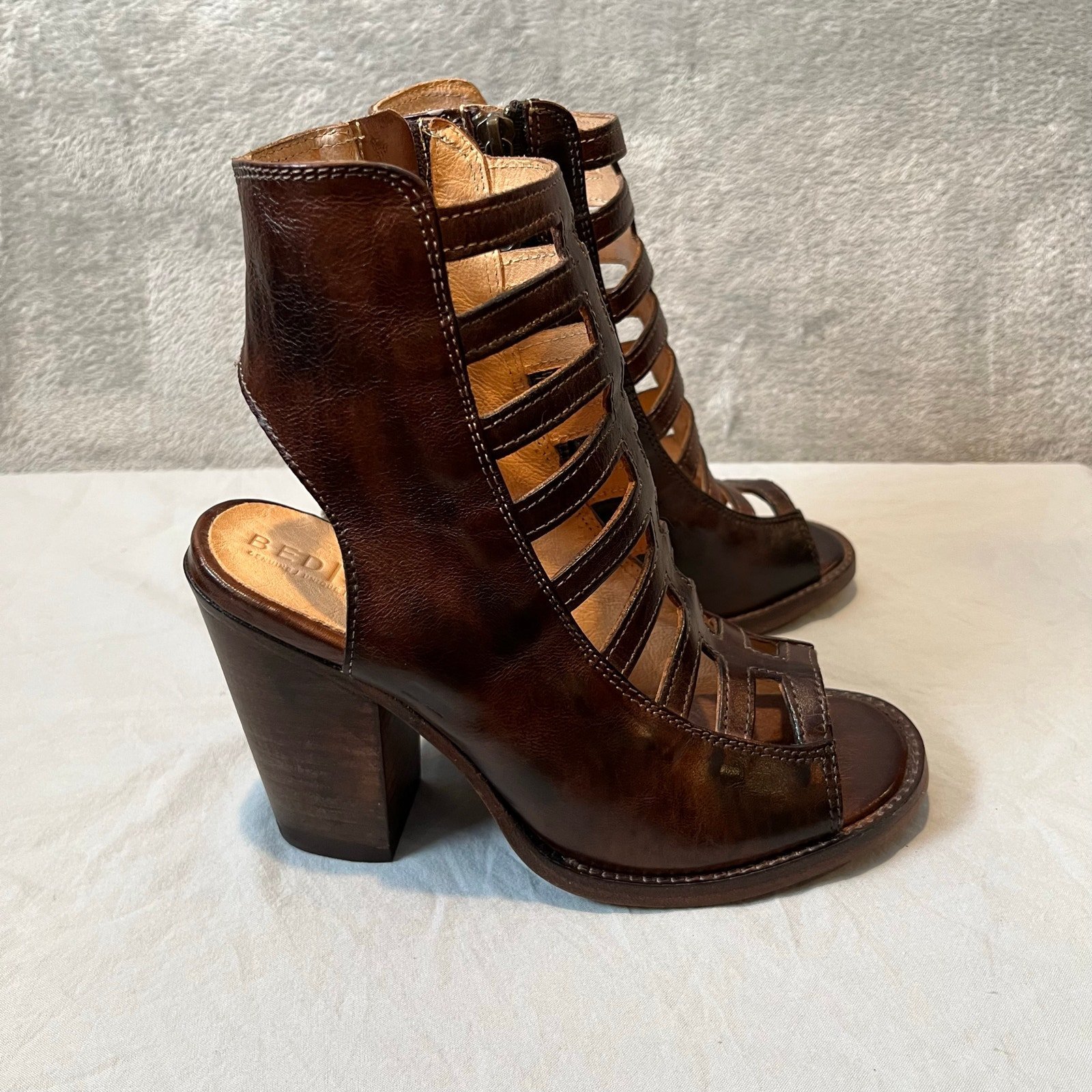 Bed Stu Women's Occam Cognac Brown Leather Peep Toe Caged Heels Size 6.5