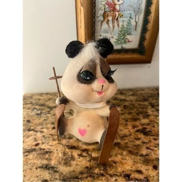 Vintage Fuzzy Flocked Skiing Animal Girl Eyelashes Big Eyes Valentines Love MCM